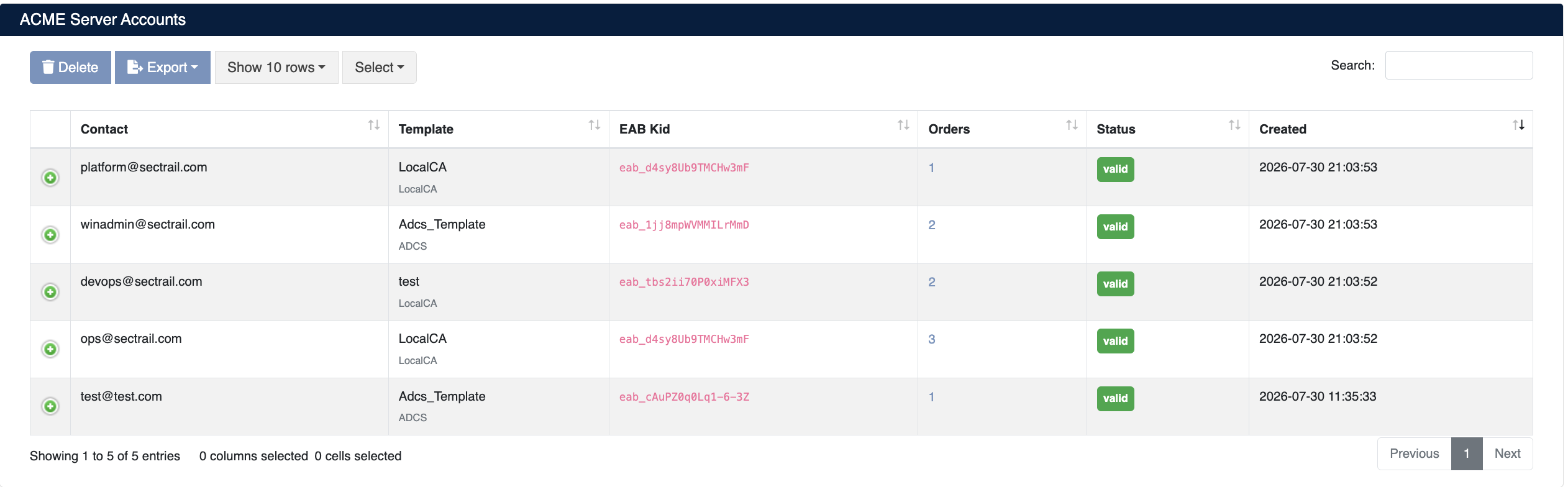 ACME Server Hesap Listesi