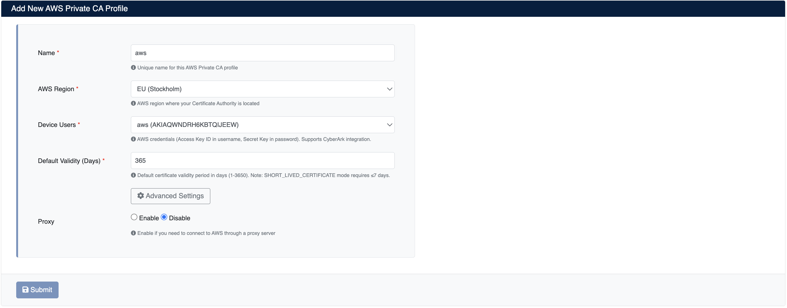 AWS Private CA Profil Ekleme
