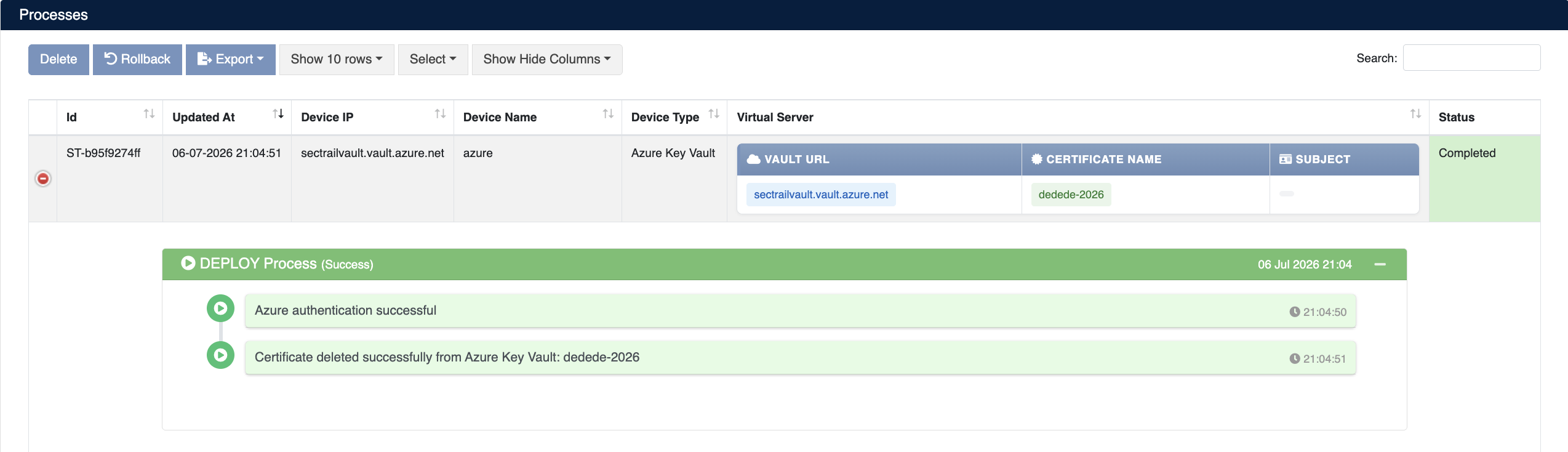 Azure Key Vault Sertifika Silme
