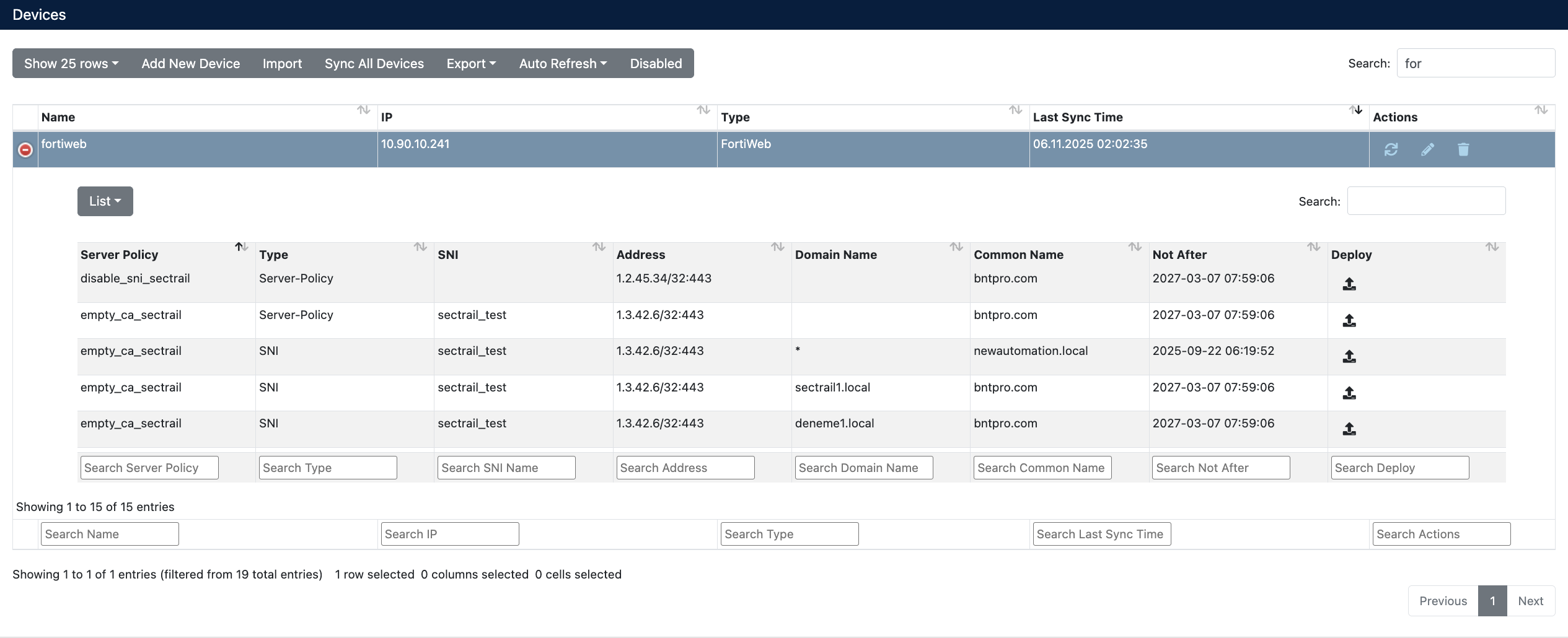 FortiWeb Cihaz Detayları ve Server Policy Listesi