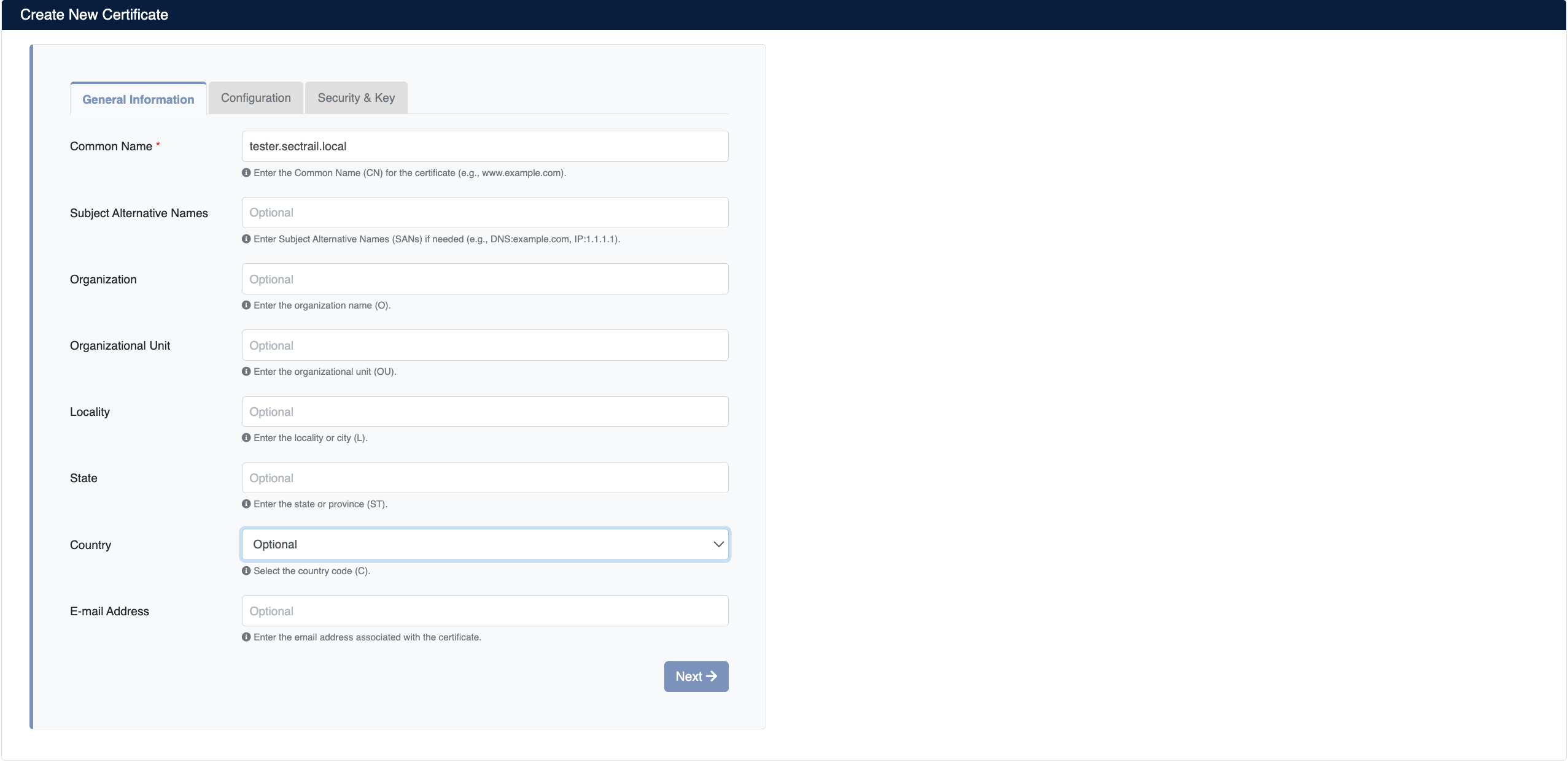 Create New Certificate - General Information