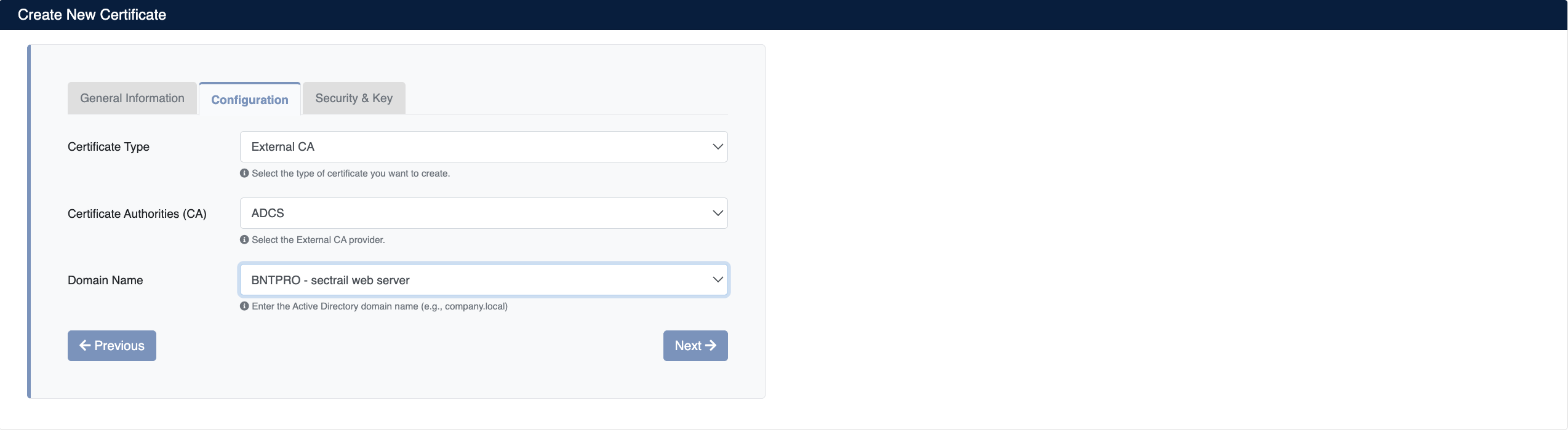 Create New Certificate - Configuration