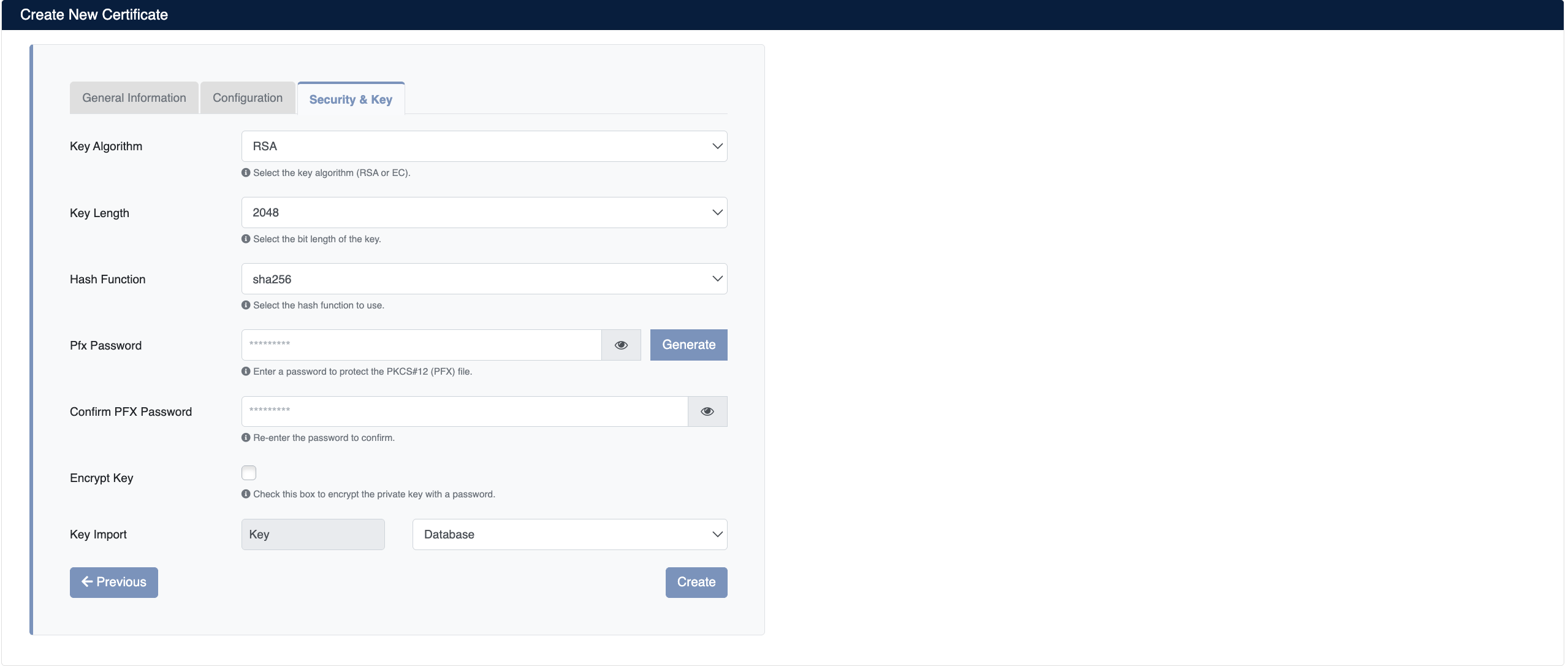 Create New Certificate - Security & Key