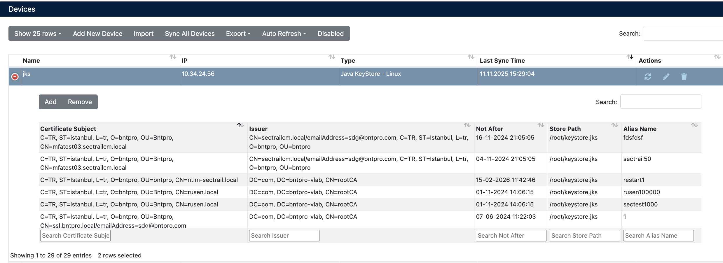 JKS Cihaz Detayları ve Sertifika Listesi