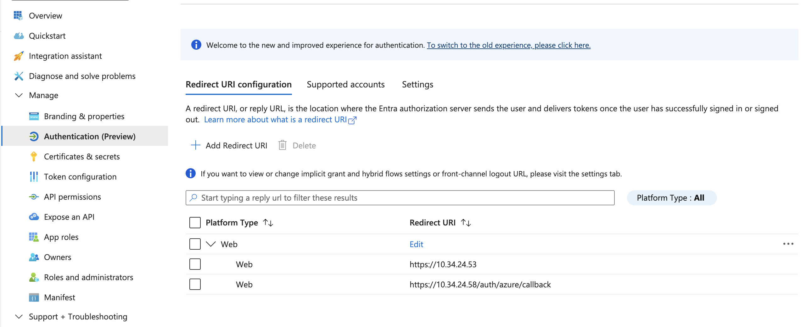 Azure Authentication Redirect URI
