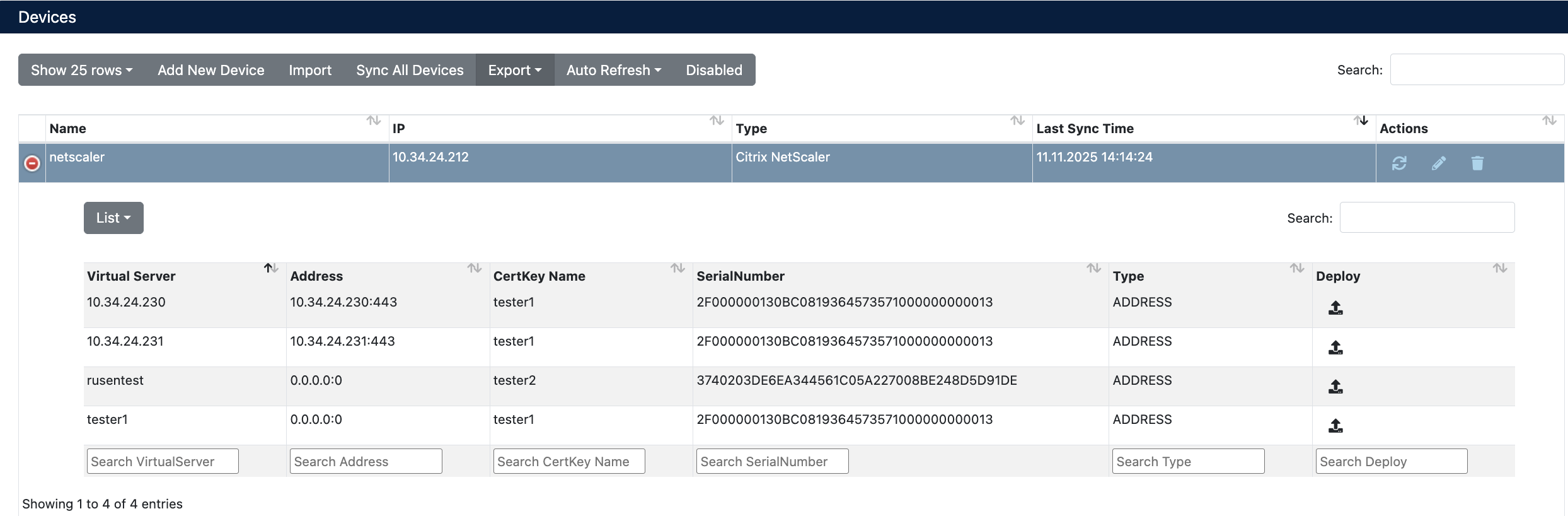 NetScaler Cihaz Detayları ve Virtual Server Listesi