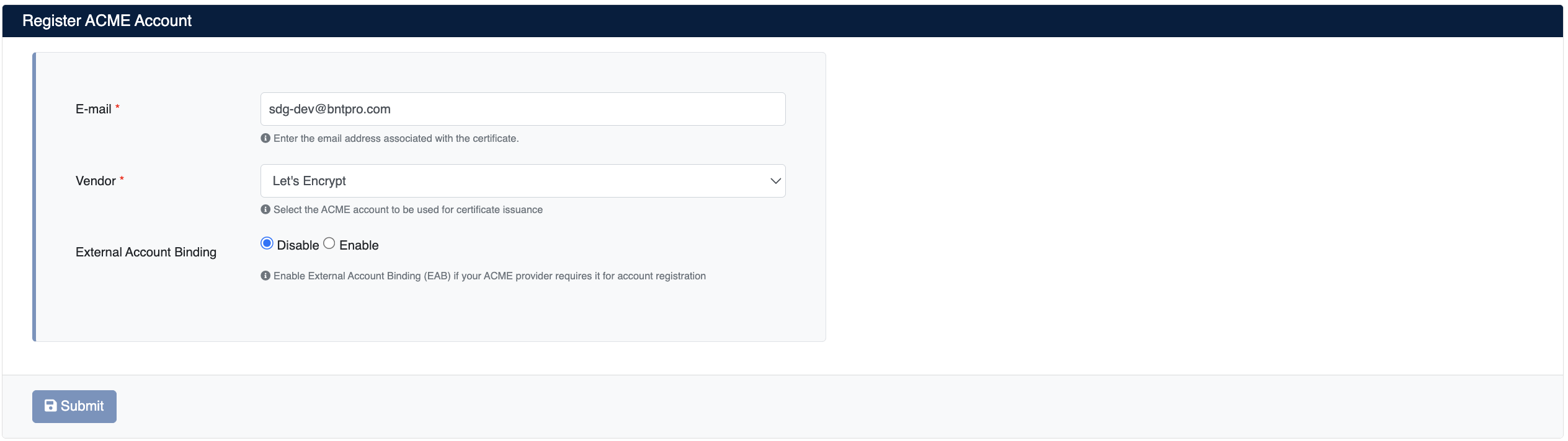 ACME Account Registration