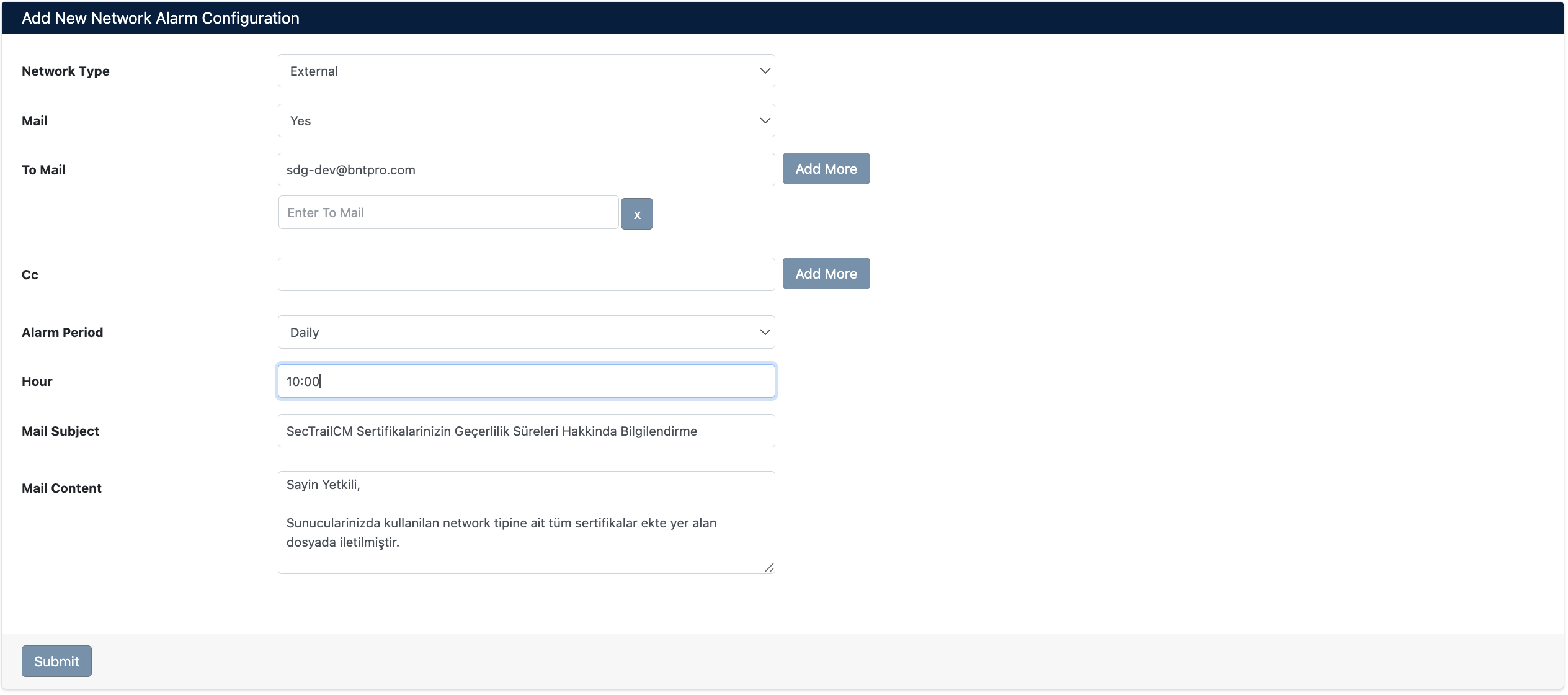 Create Network Type Alarm Configuration