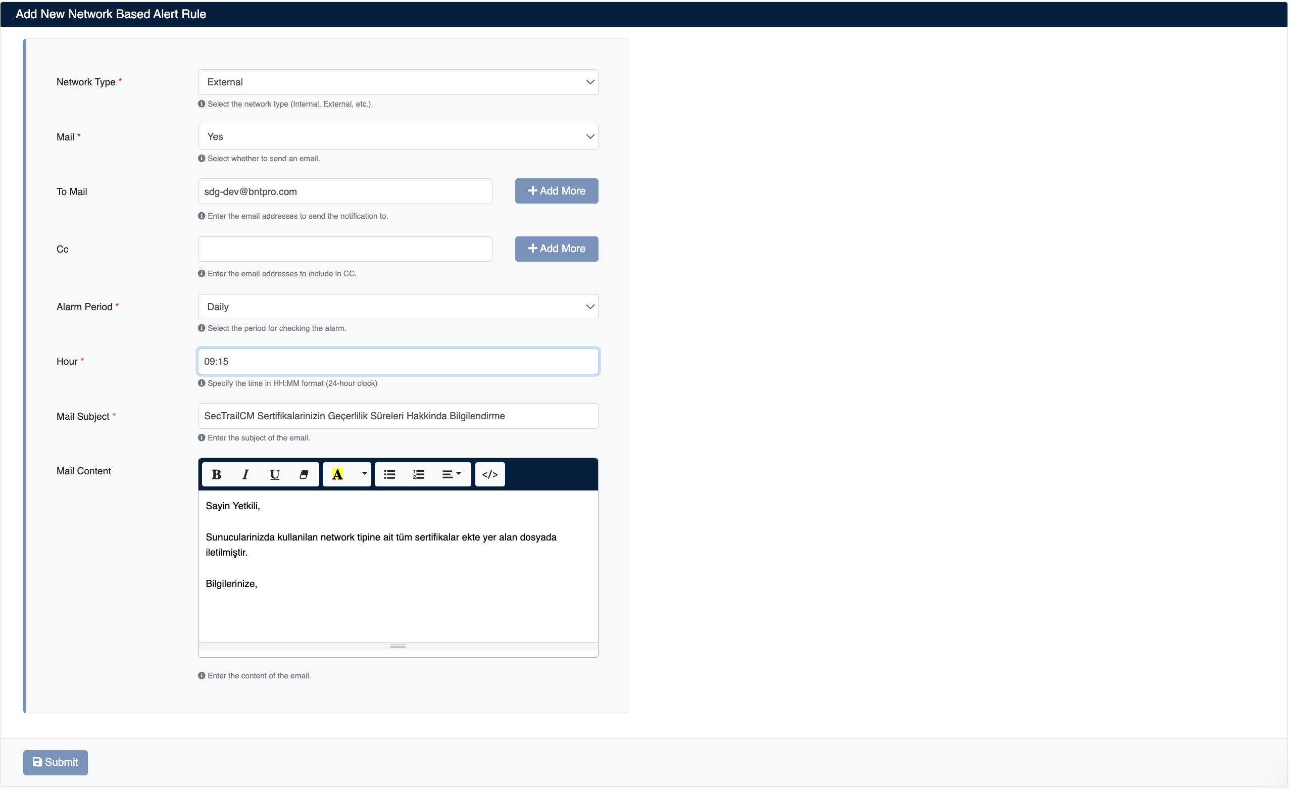 Create Network Type Alarm Configuration