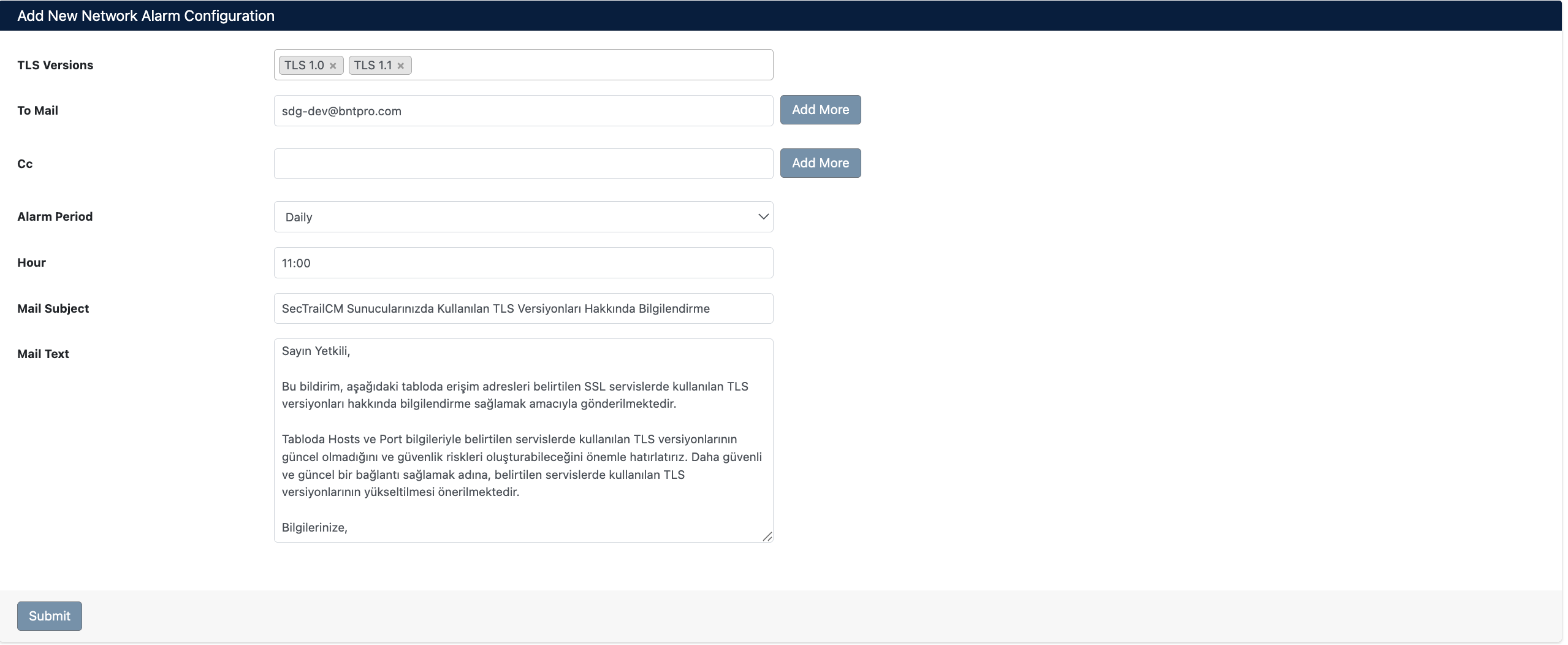 Create TLS Alarm Configuration