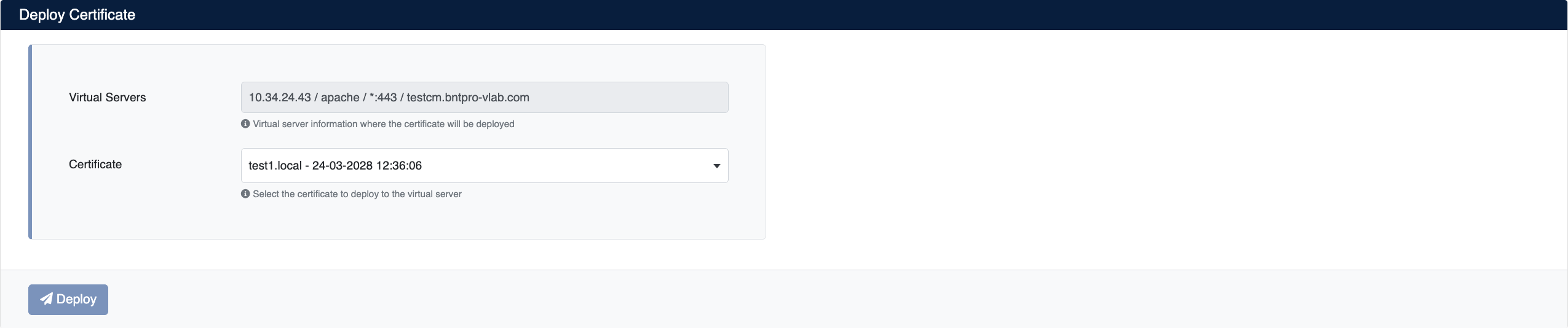 Certificate Deployment Screen