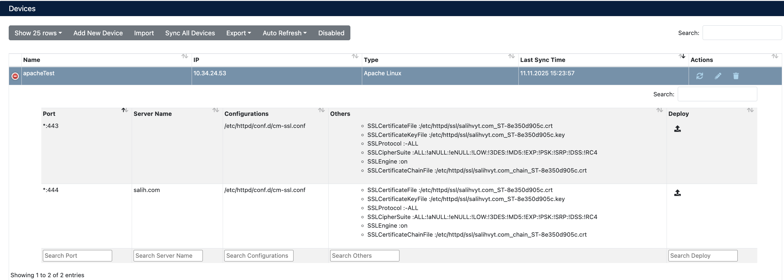 Apache Device Details and Virtual Host List