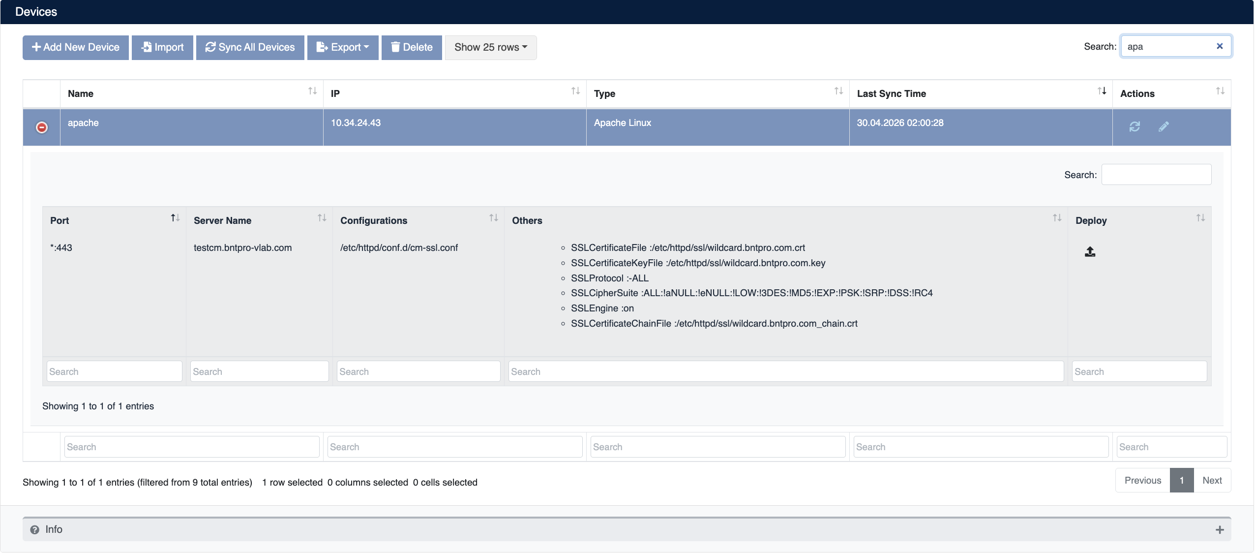 Apache Device Details and Virtual Host List