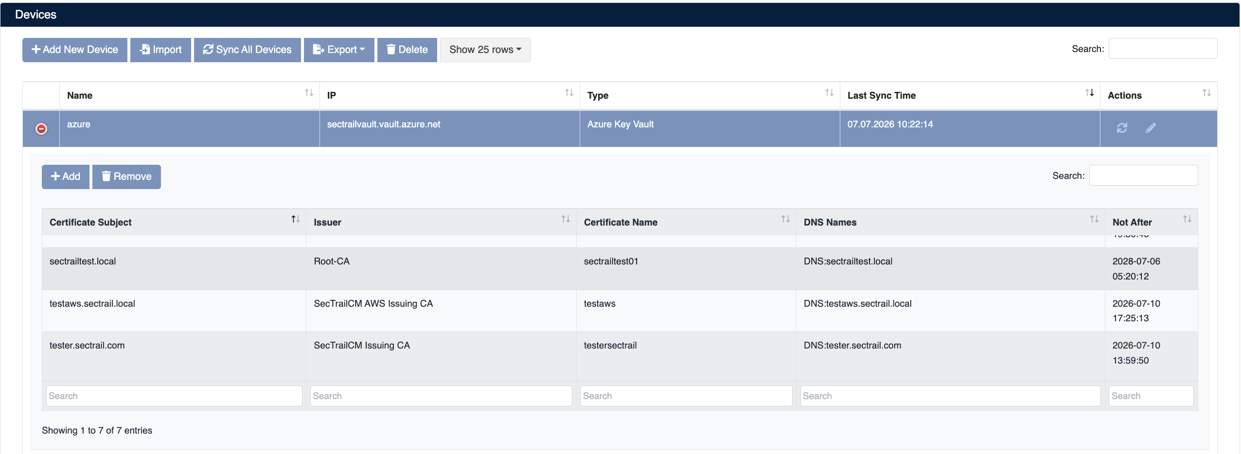 Azure Key Vault Device Details and Certificate List