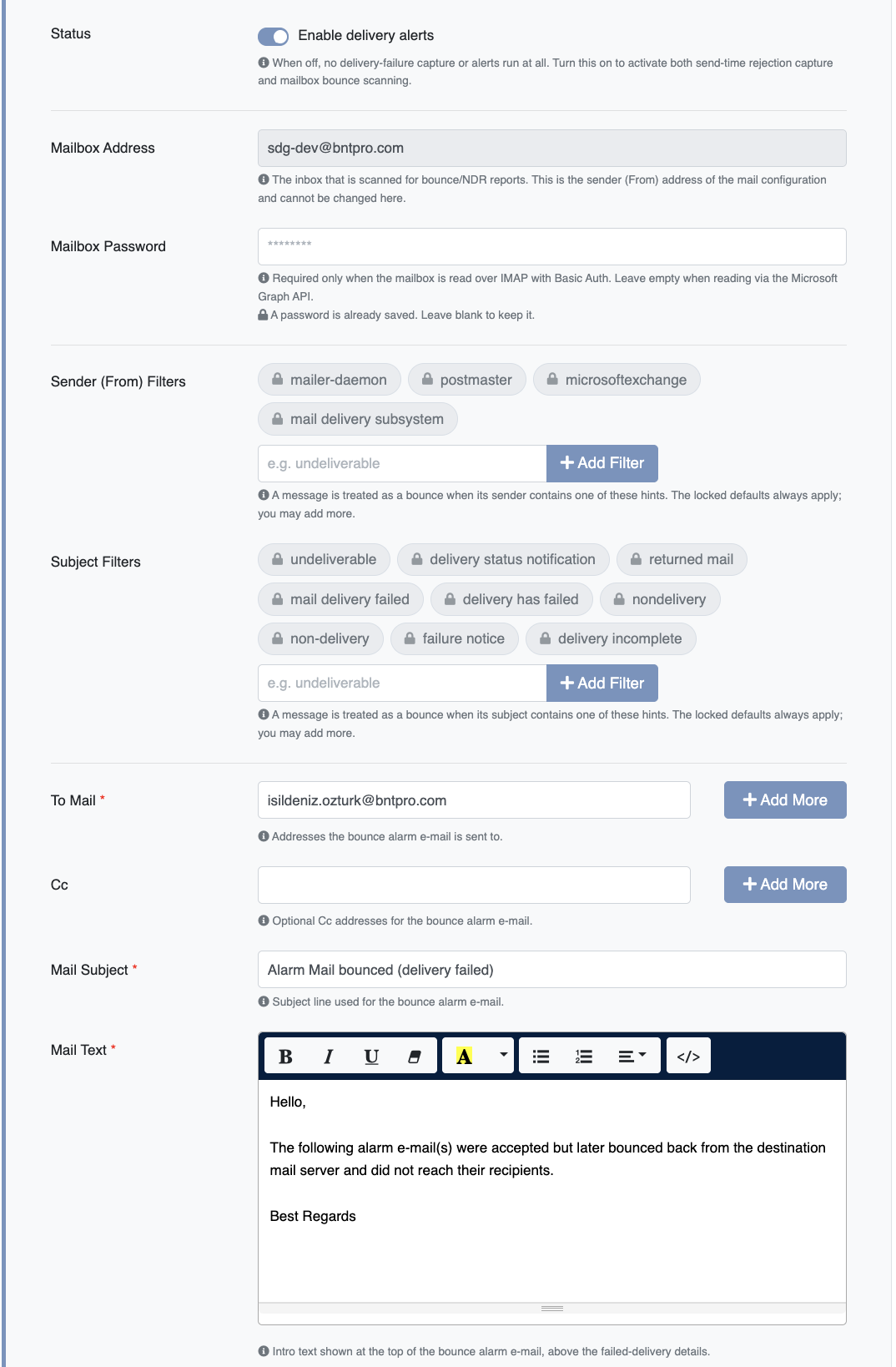 Delivery Alerts Settings