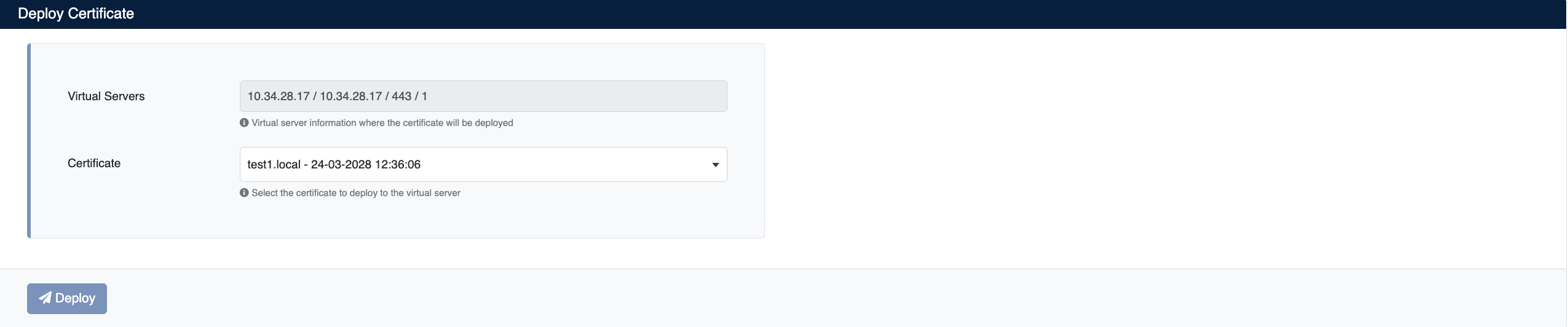 Certificate Deployment Screen