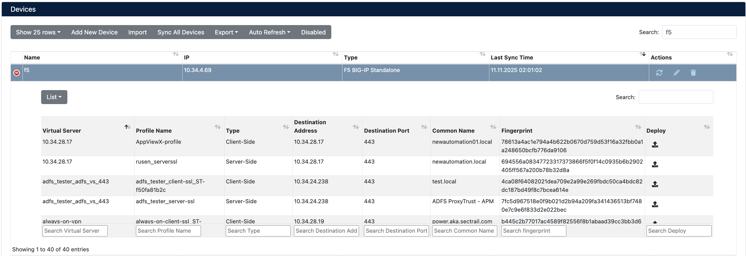 F5 BIG-IP Device Details and Virtual Server List