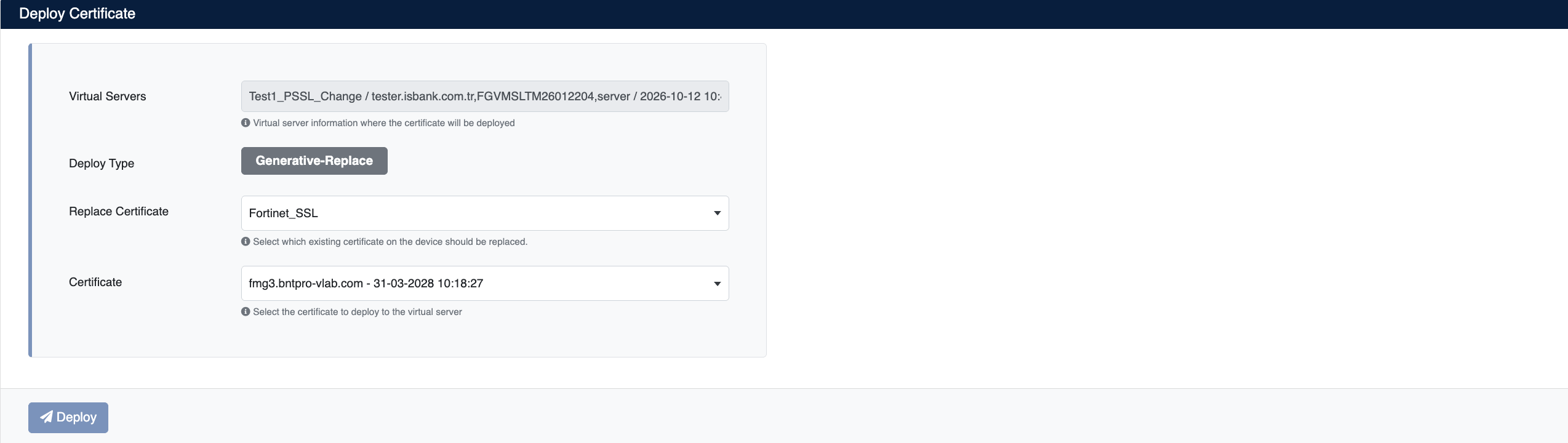 Certificate Deployment Screen