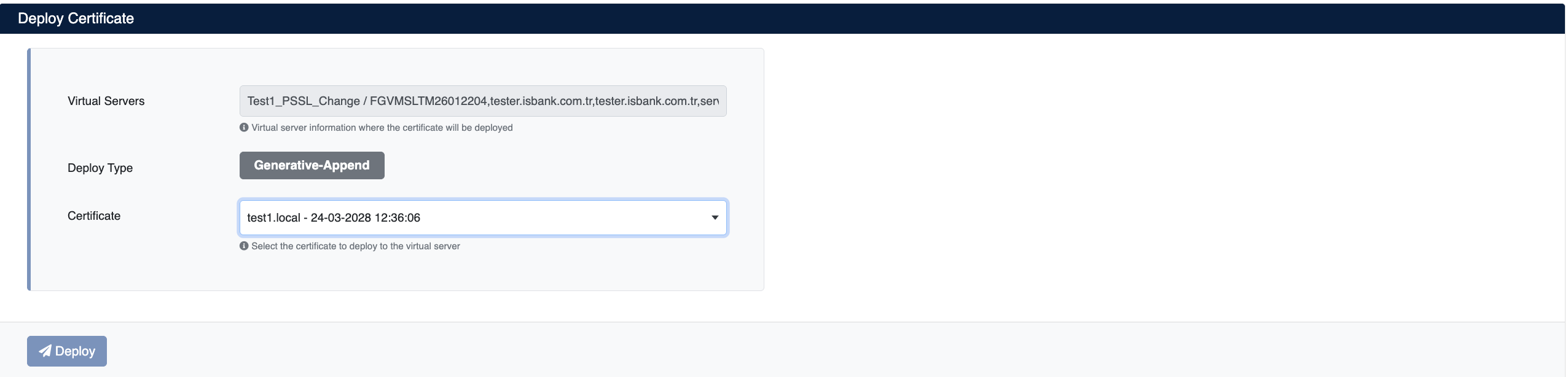 Certificate Deployment Screen
