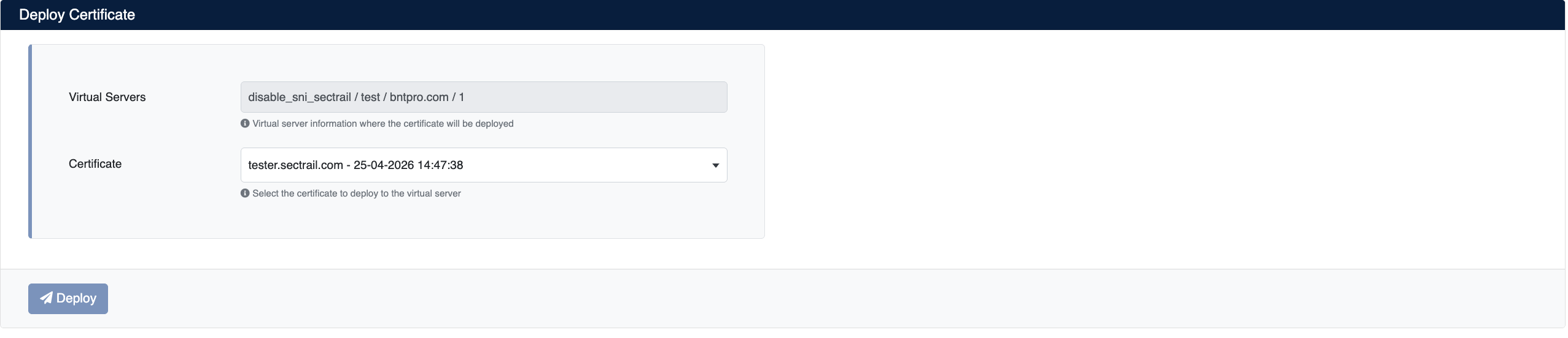Certificate Deployment Screen
