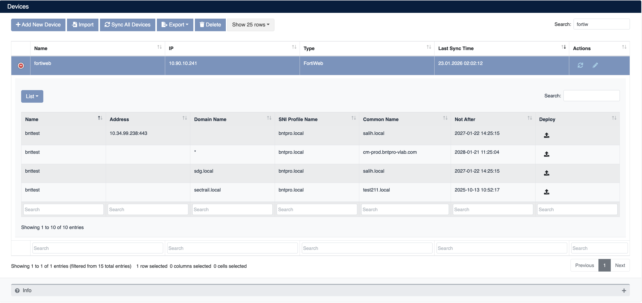 FortiWeb Device Details and Server Policy List