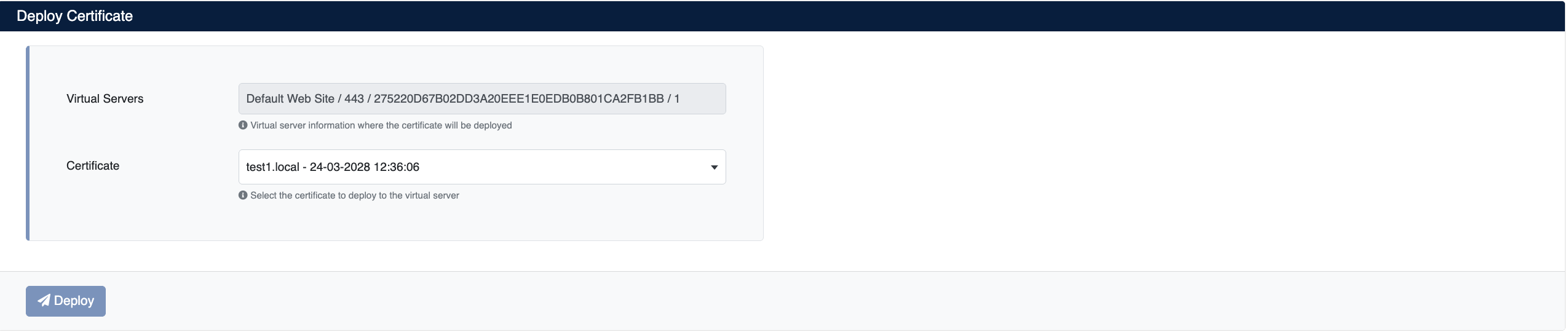Certificate Deployment Screen