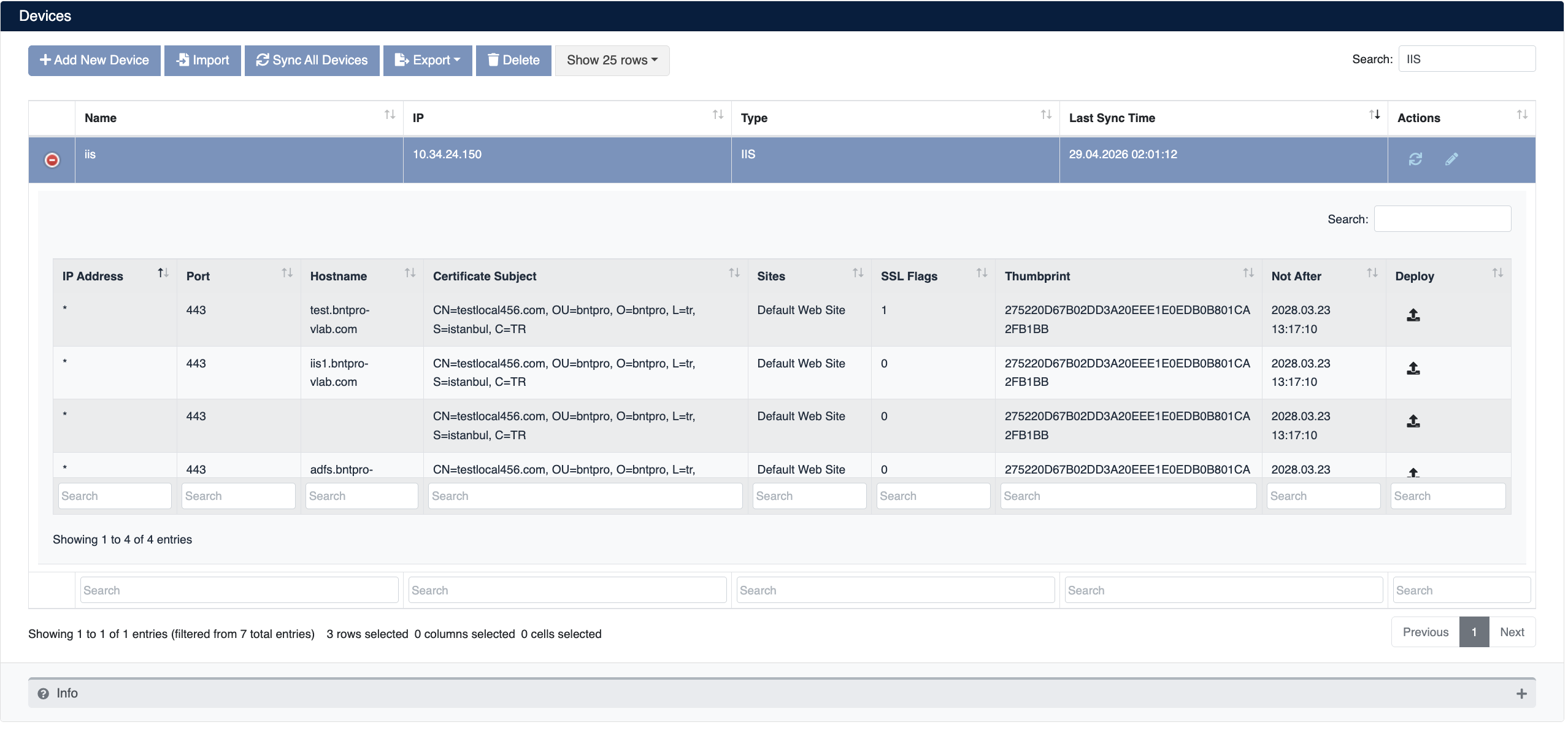 IIS Device Details and Virtual Server List