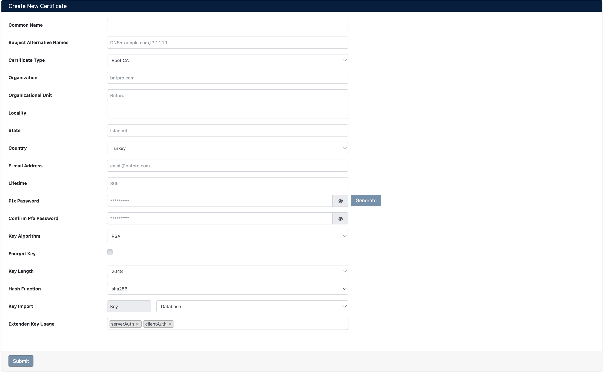 Create New Certificate