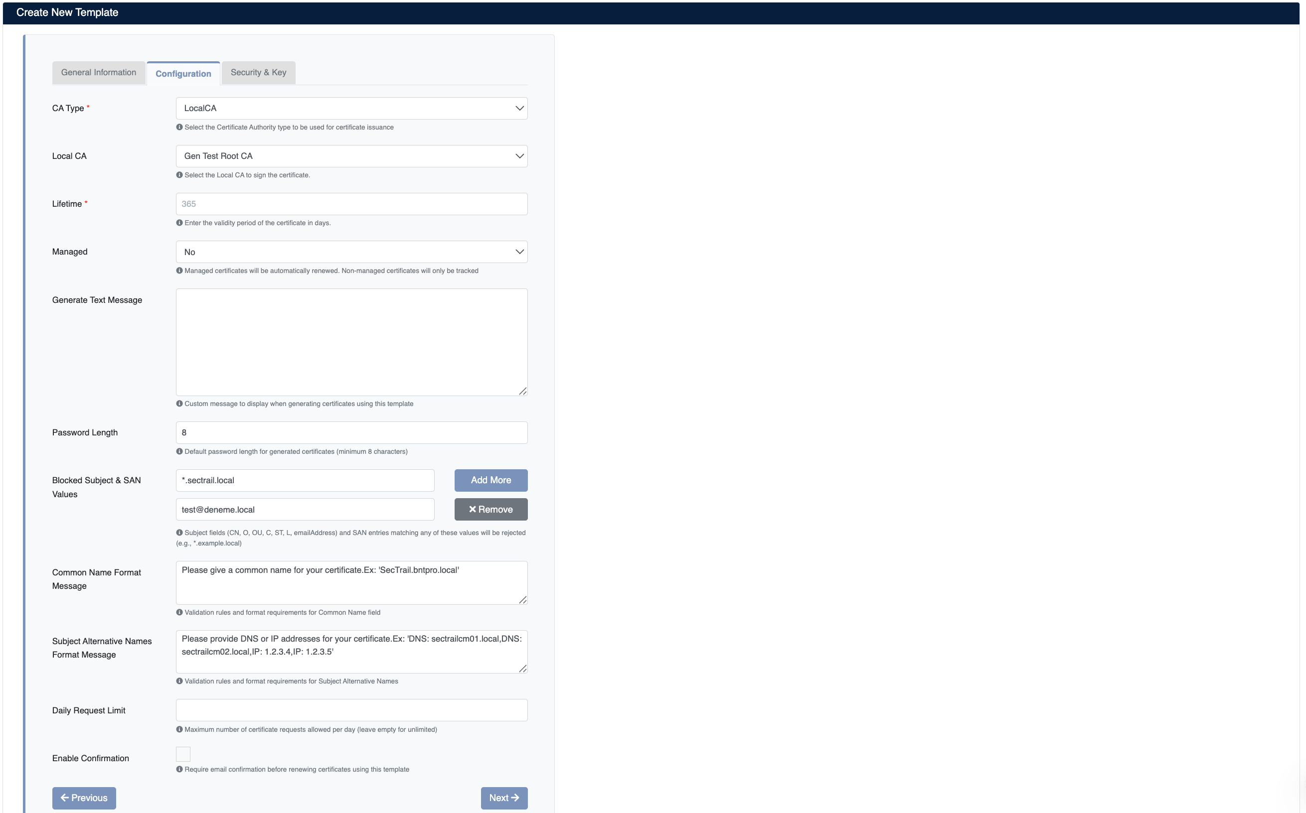 Create Template - Configuration