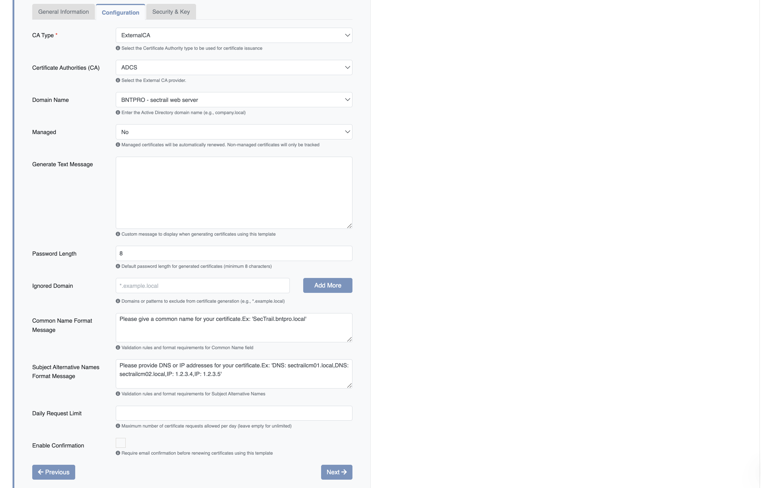 Create Template - Configuration