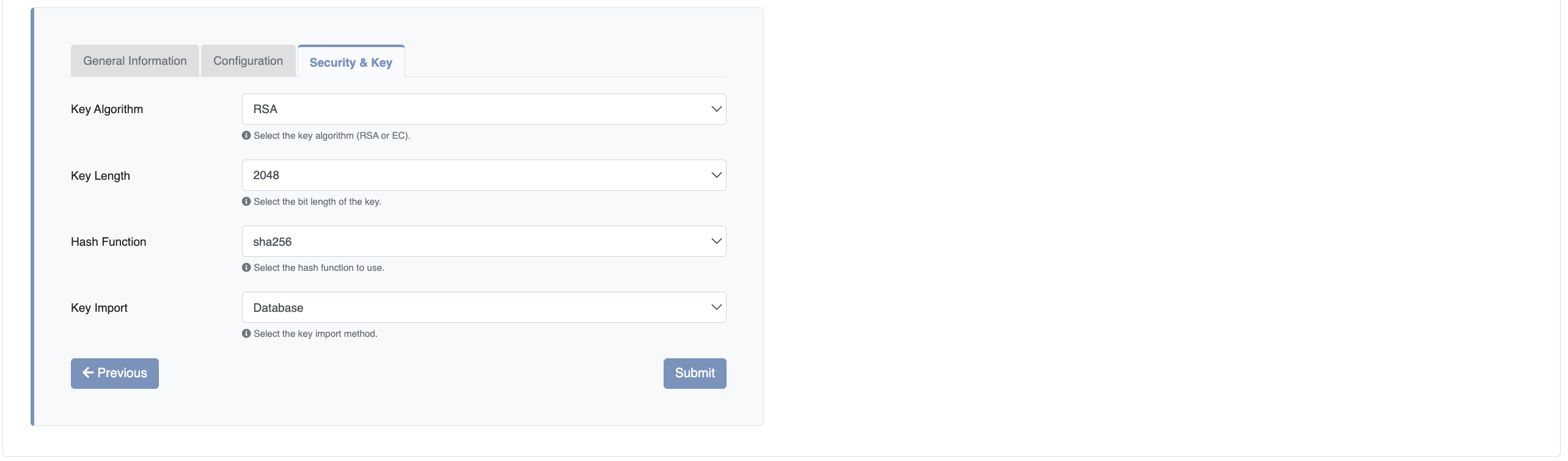 Create Template - Security &amp; Key