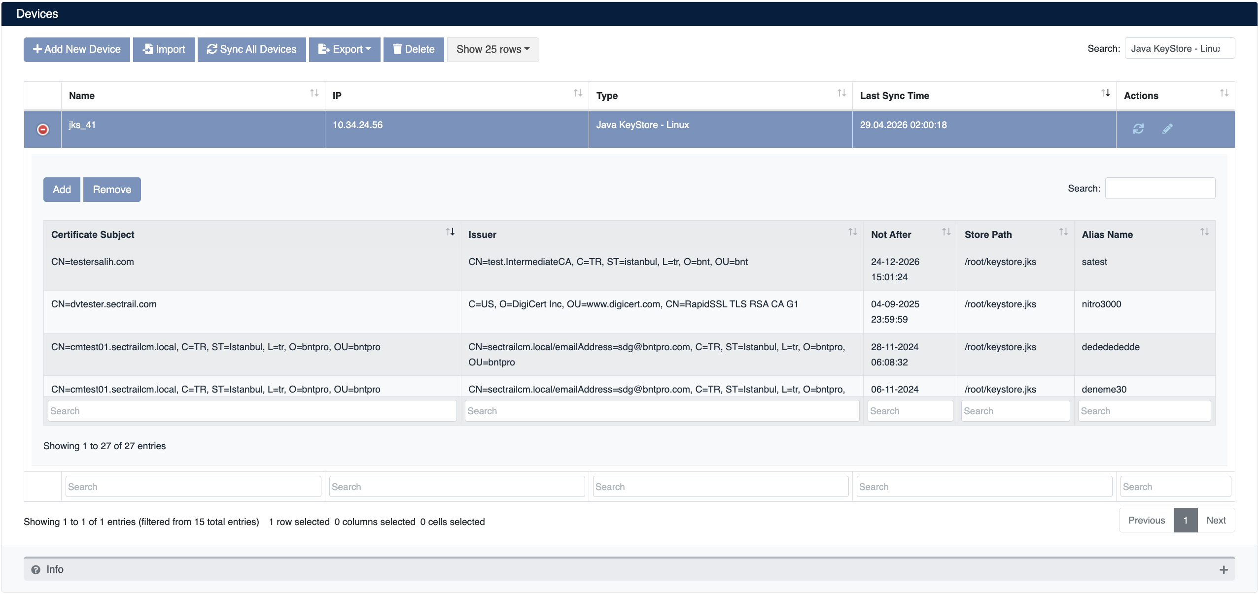JKS Device Details and Certificate List