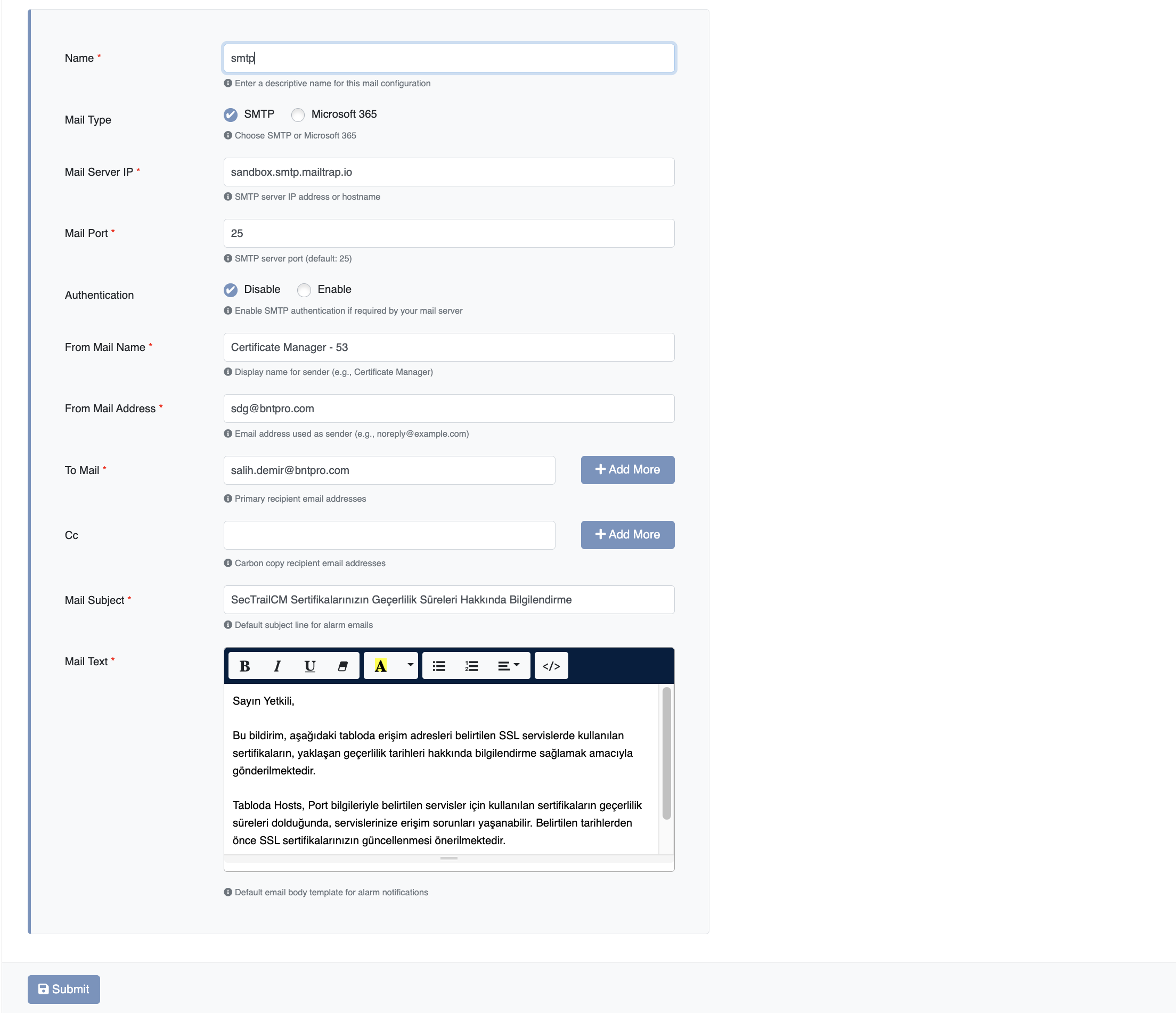 Edit SMTP Mail Profile