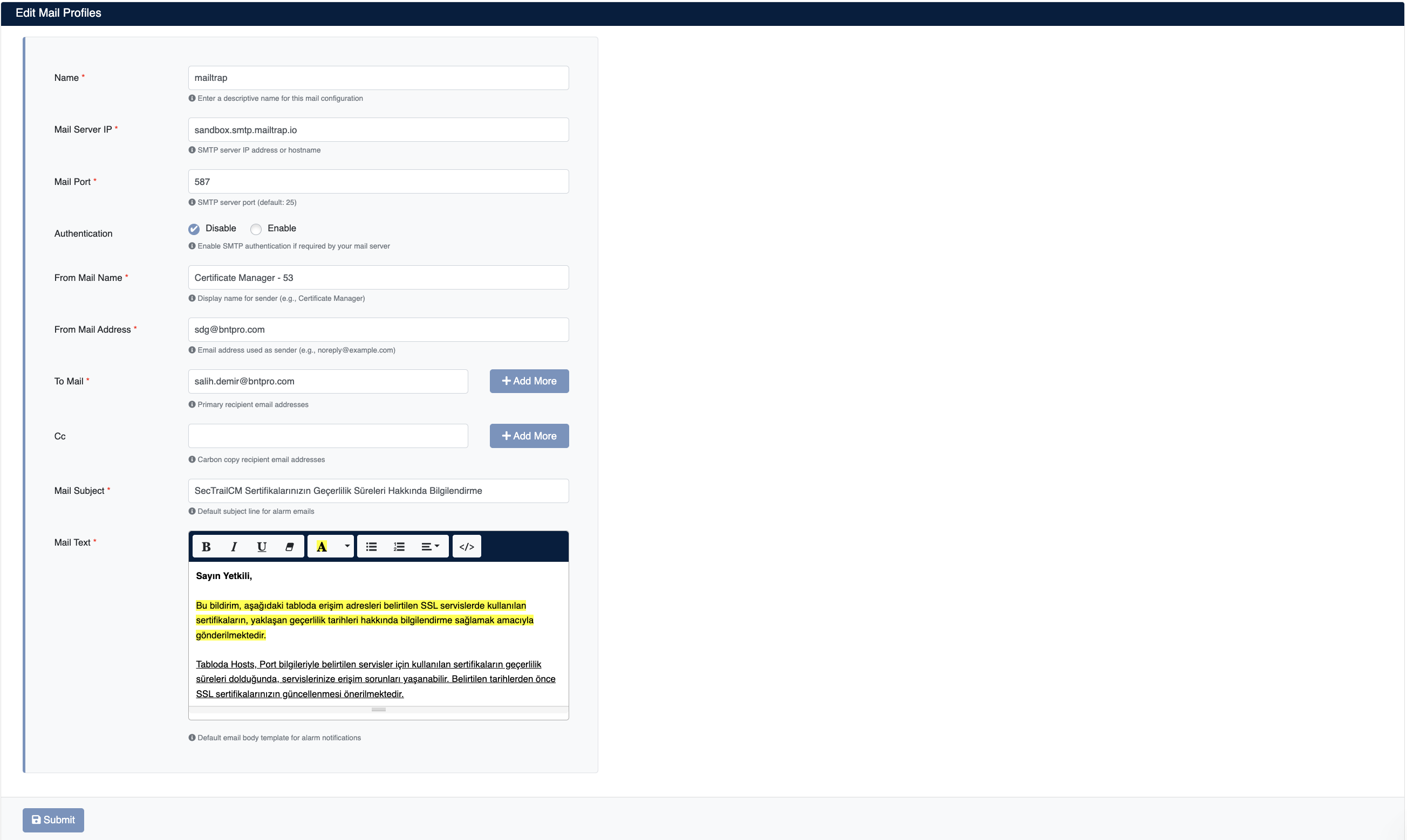 Edit Mail Profile