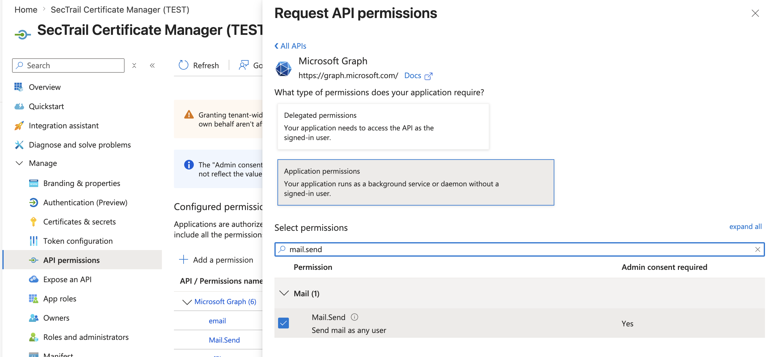 Azure API Permissions - Mail.Send Selection