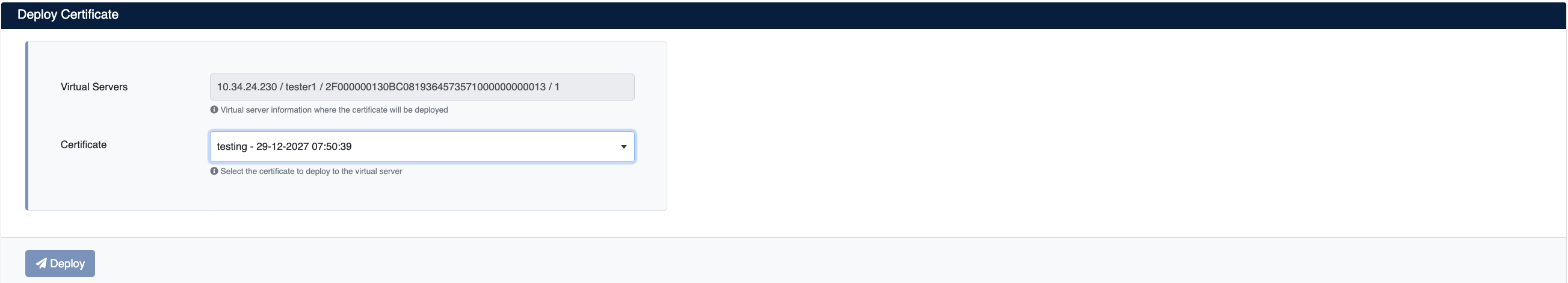 Certificate Deployment Screen