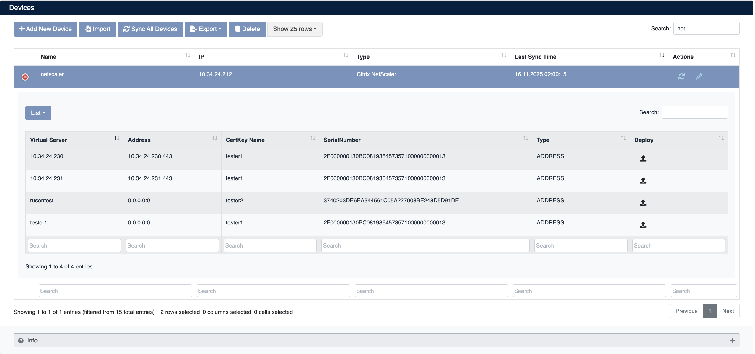 NetScaler Device Details and Virtual Server List