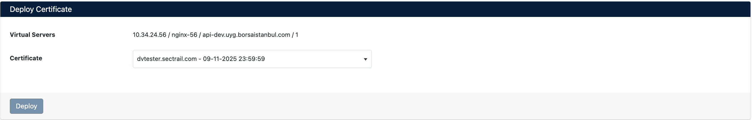 Certificate Deployment Screen
