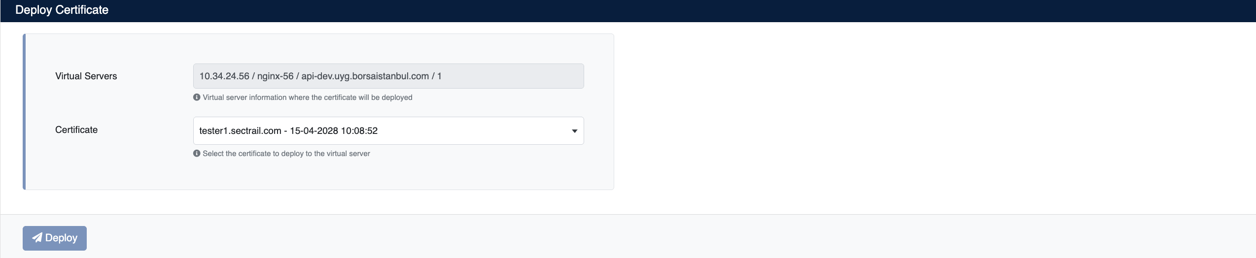 Certificate Deployment Screen