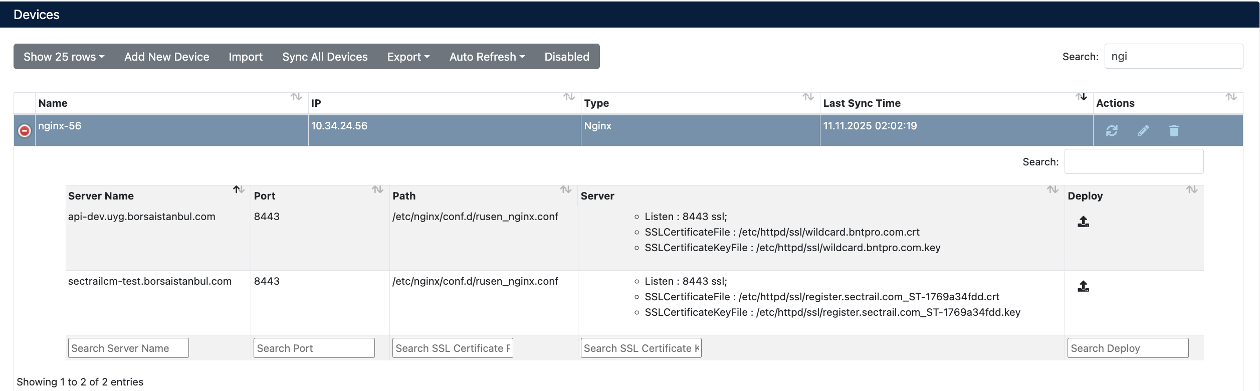 NGINX Device Details and Server Block List