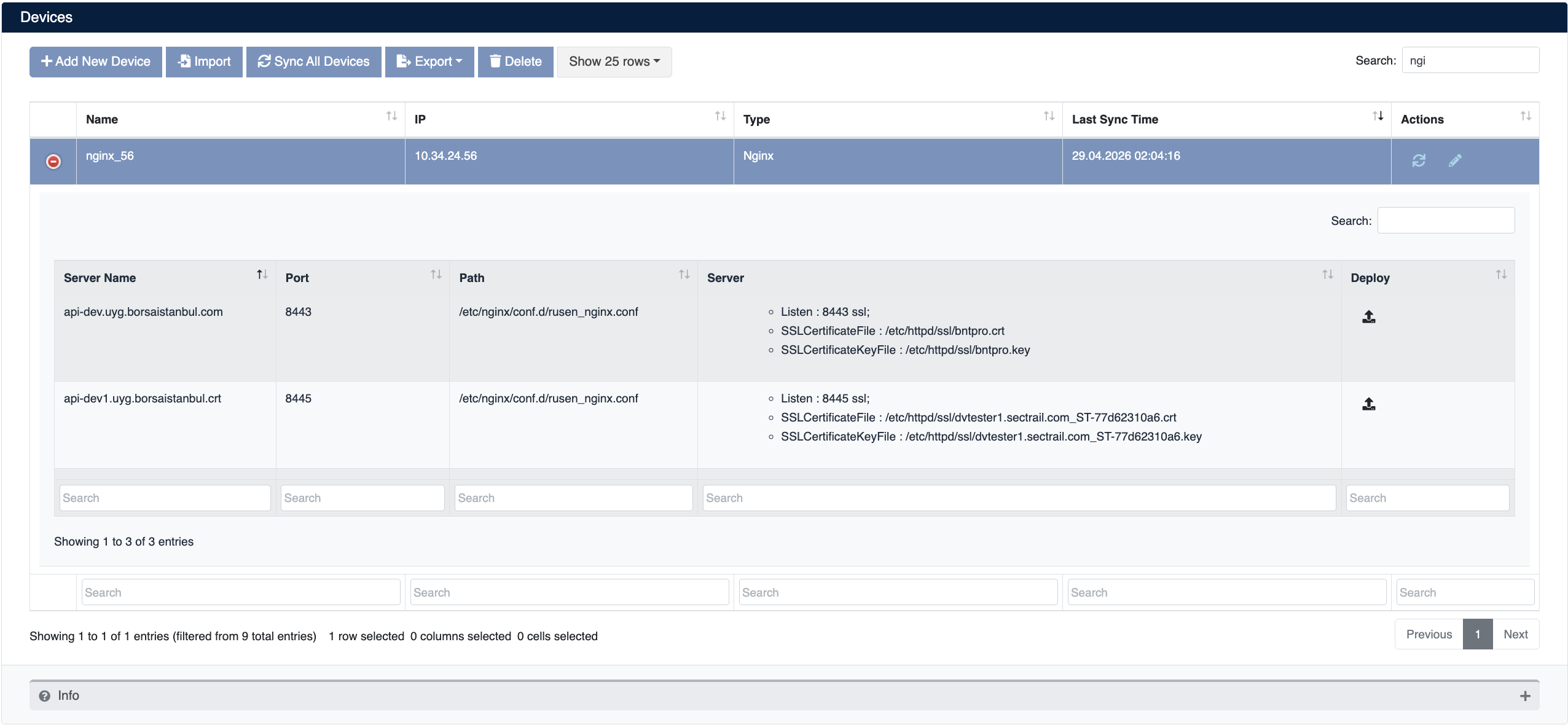 NGINX Device Details and Server Block List