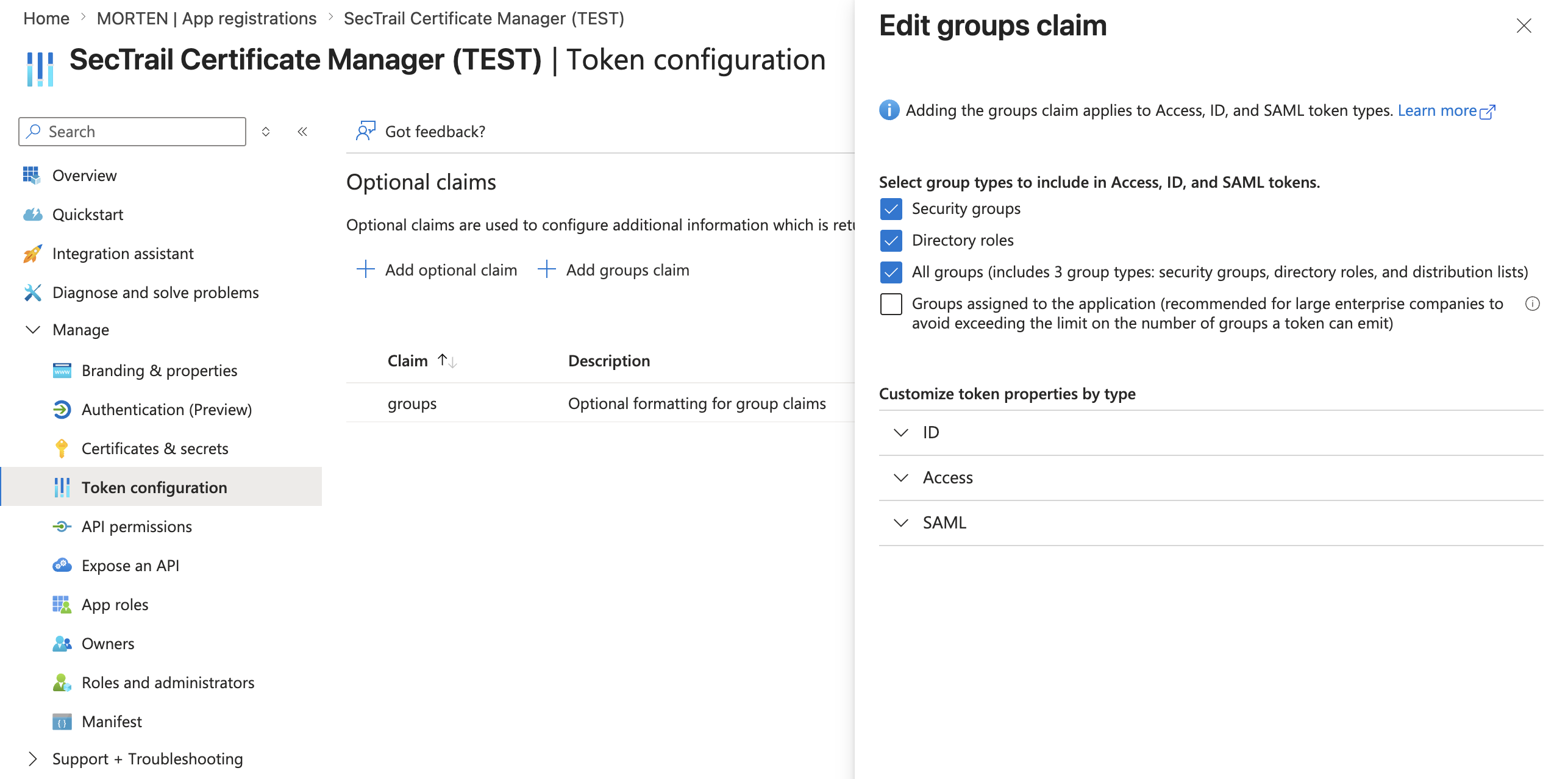 Entra ID Token Configuration