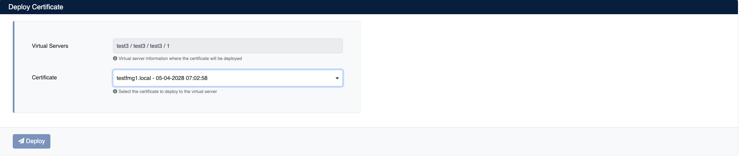 Certificate Deployment Screen