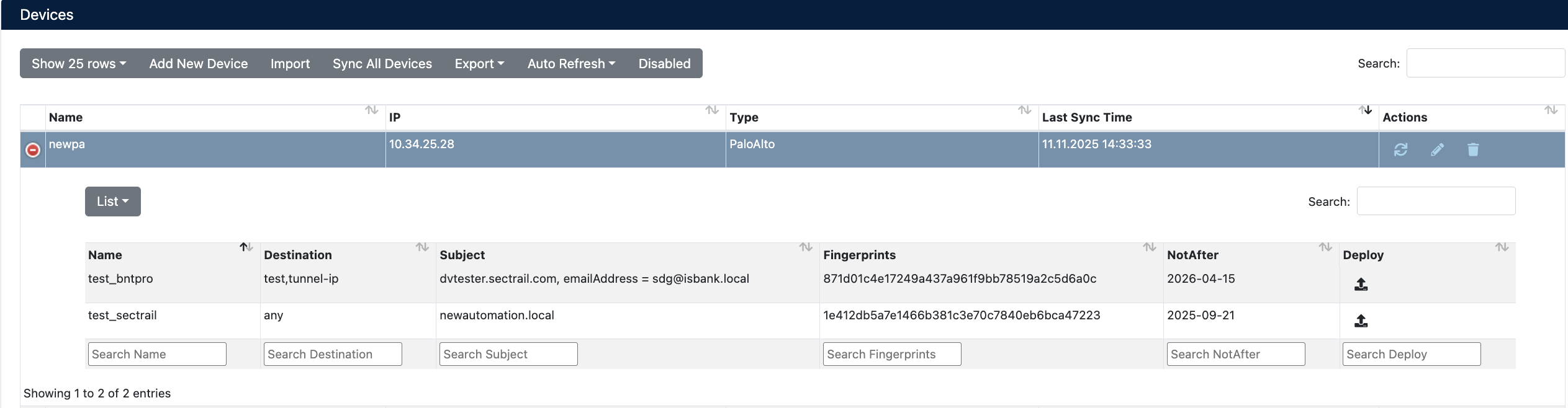 Palo Alto Device Details and Virtual Server List