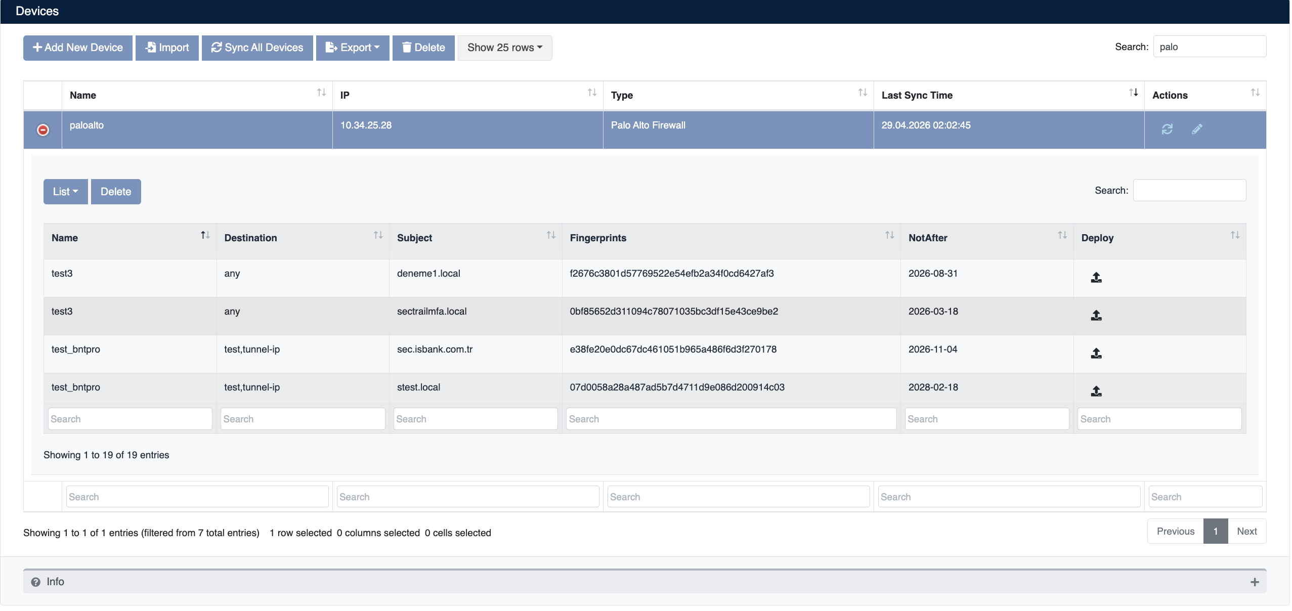 Palo Alto Device Details and Virtual Server List