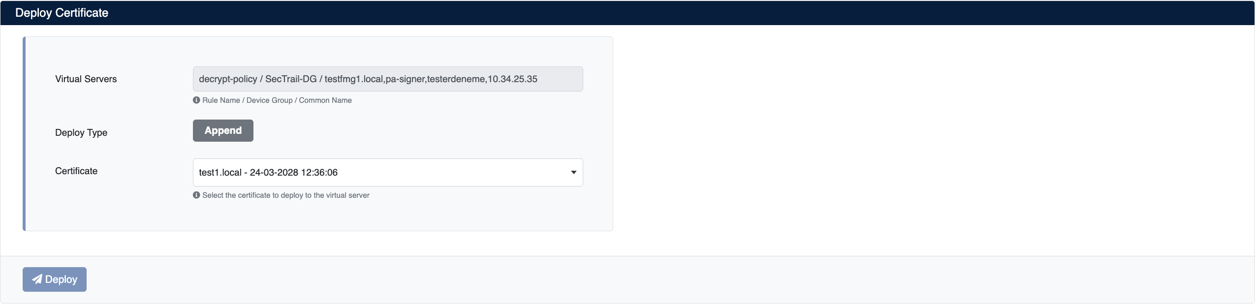 Certificate Deployment Screen