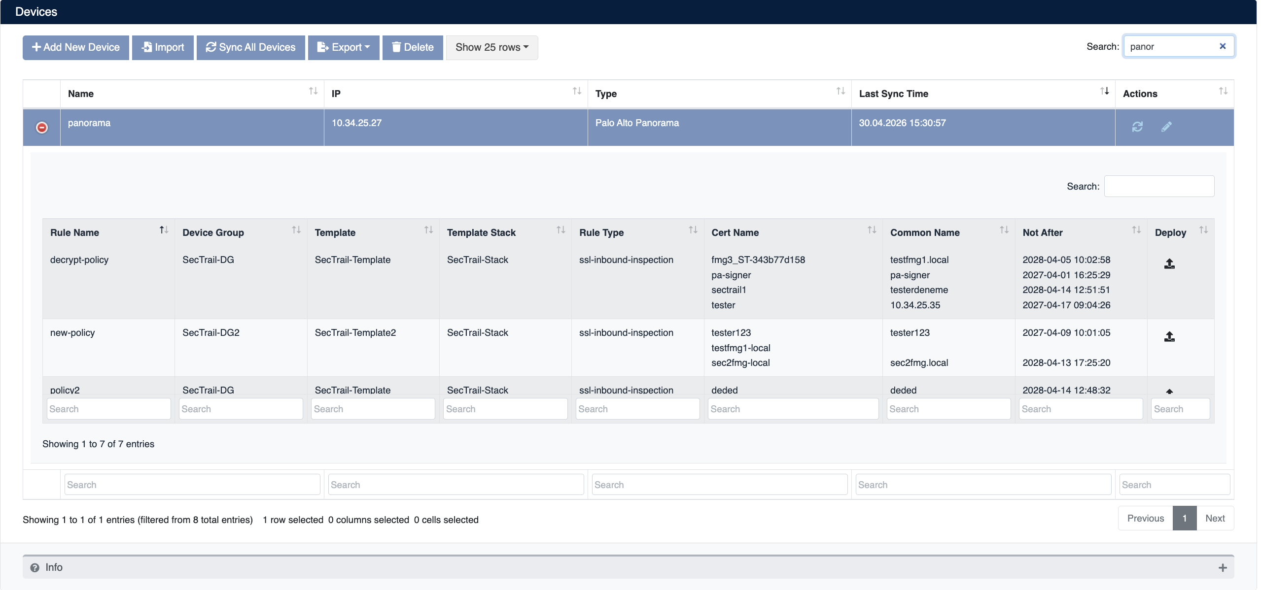 Panorama Device Details and Virtual Server List