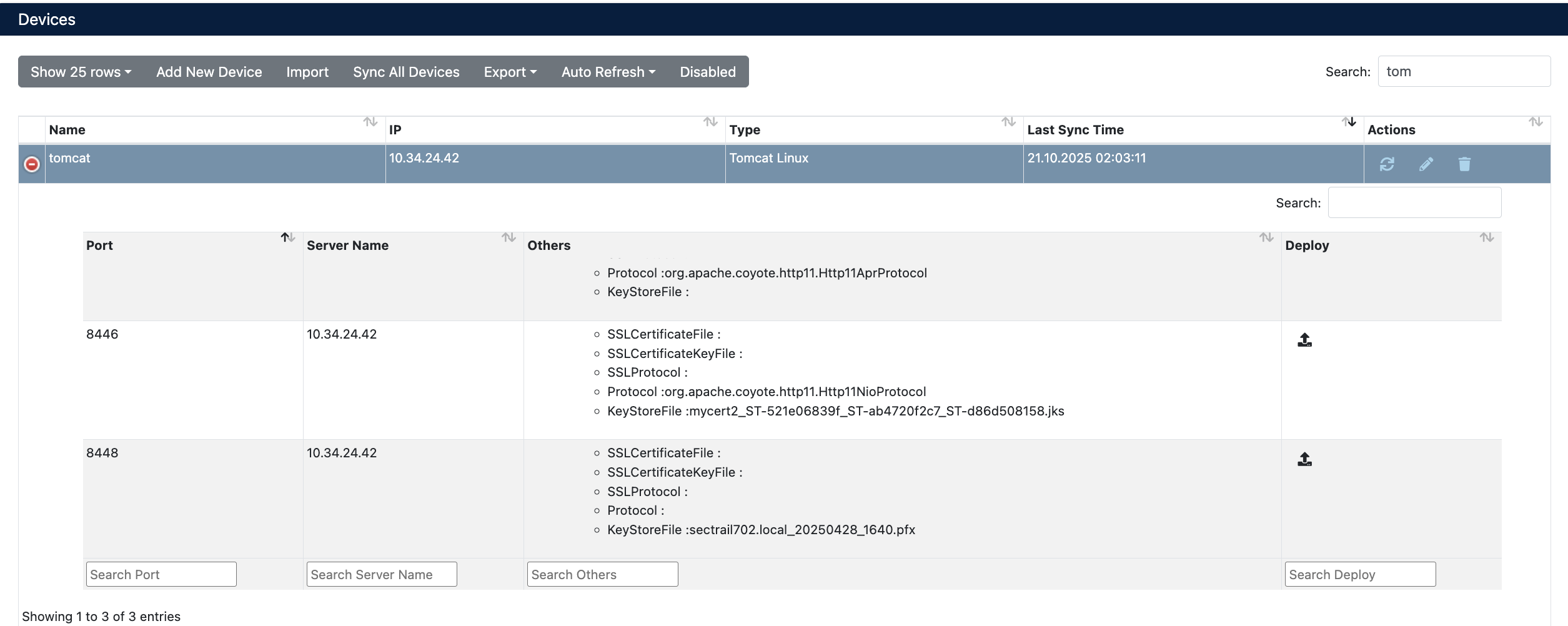 Tomcat Device Details and Virtual Server List