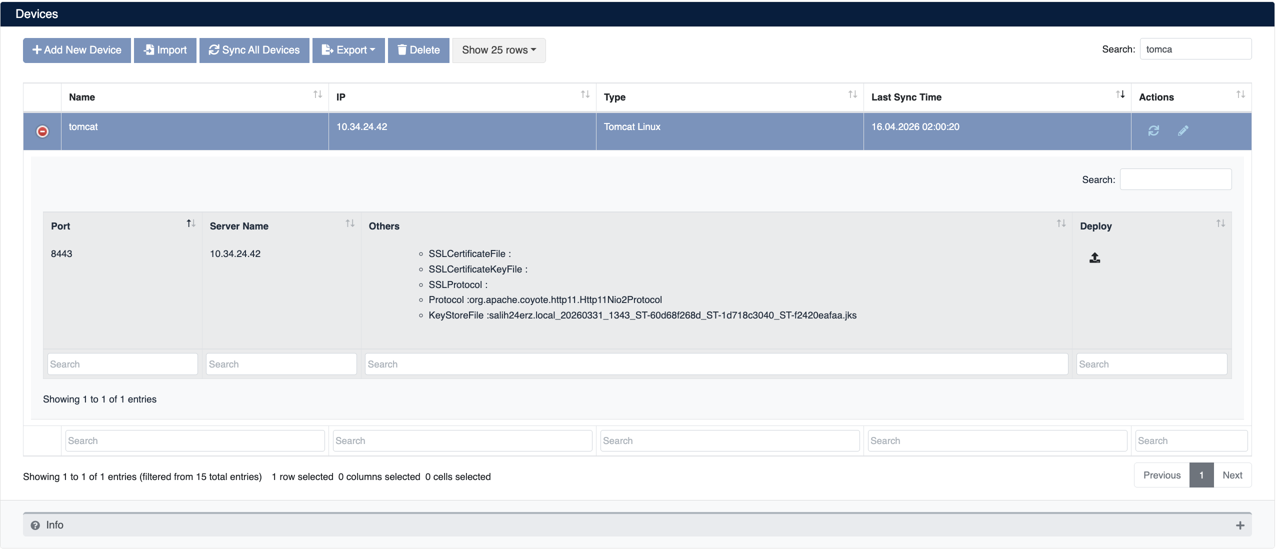 Tomcat Device Details and Virtual Server List