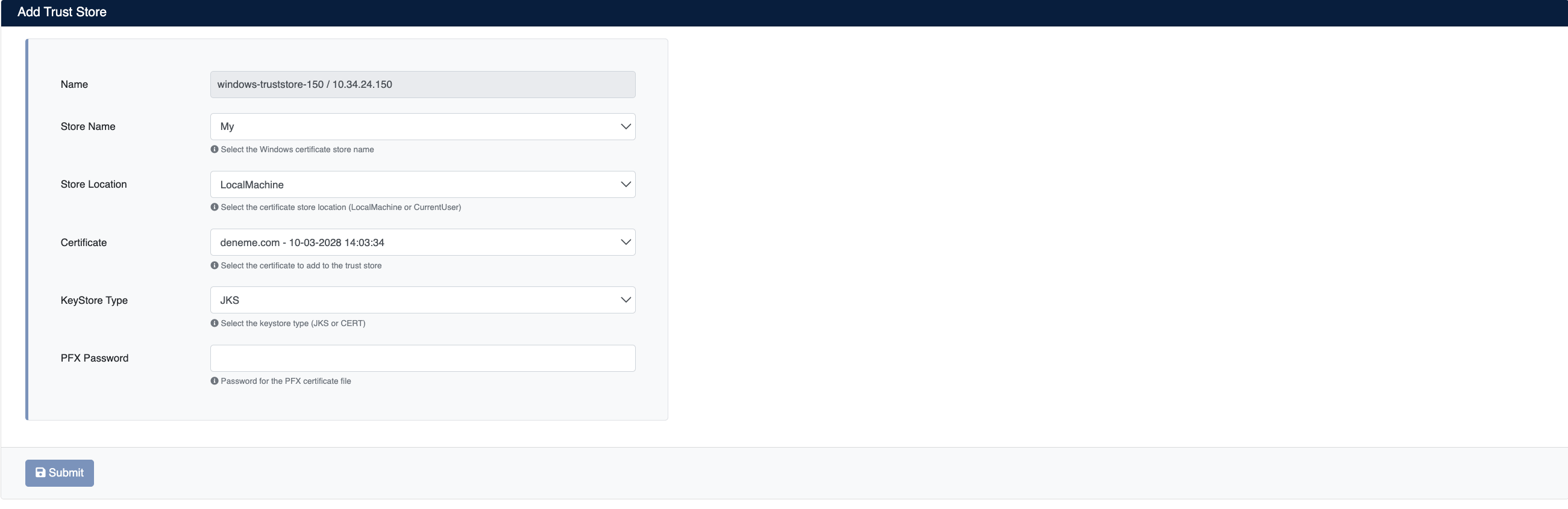 Certificate Deployment Screen